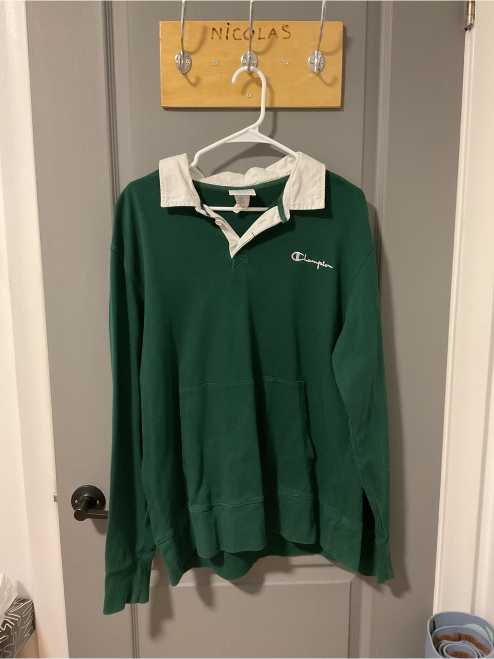 Champion Dark Green Rugby-Style Pullover with White Collar